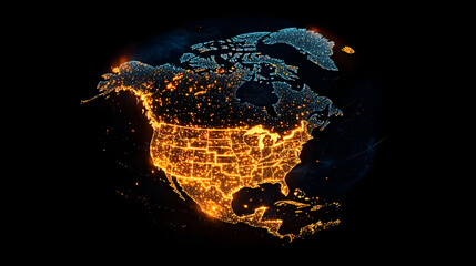 Poster - Illuminated Pixelated Map Of North America Highlighting Urban Areas With Orange And Blue Glow On Dark Background