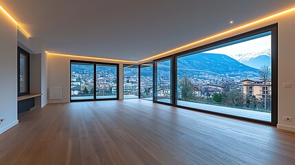 Aufkleber - Modern Living Room with Panoramic City and Mountain View