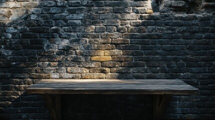 Poster - Sunlight gently casts warm hues on an empty brown wooden table set against a textured brick wall. The scene evokes a sense of tranquility, perfect for cozy gatherings or artistic inspiration