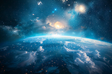breathtaking view of planet earth from space with glowing atmosphere, cosmic galaxy, deep universe e
