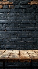 Poster - An empty brown wooden table stands in front of a rugged dark brick wall, showcasing its natural beauty. The stillness suggests a place for creativity, conversations, and shared moments