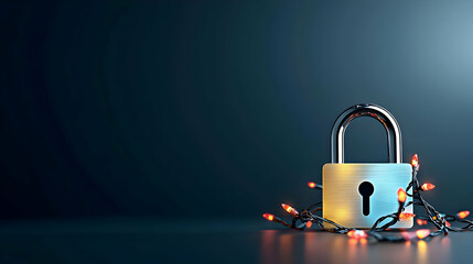 Poster - Close Up Metal Padlock Wrapped In String Lights Over Dark Blue Background With Warm Glow