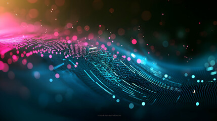 Poster - Abstract digital art wave of glowing blue and pink particles with bokeh light effects against a dark background