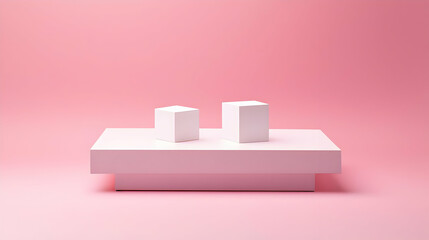 Poster - Two White Cubes On A Rectangular Platform Against A Pastel Pink Backdrop In Minimalist Style