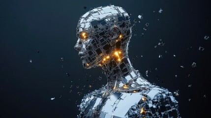 Poster - Futuristic humanoid figure disintegrating with glowing elements
