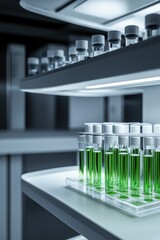 Poster - Laboratory scene showcasing test tubes filled with vibrant green liquid, highlighting scientific research in a modern facility