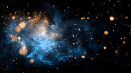 Poster - Abstract Blue Smoke With Golden Glitter And Bokeh On Black Background