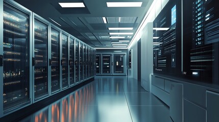 Poster - Digital information flows through network and data servers behind panels in a server room of a data center or ISP