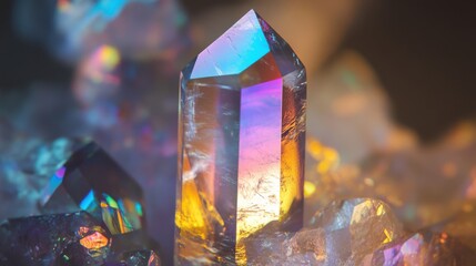 Iridescent light refracts through a clear crystal formation with sharp angles, showcasing colorful diffraction patterns in a macro shot.