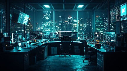 Poster - Modern Tech Office Night City Skyline