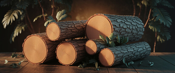 Poster - Wooden logs showcase on dark wooden surface, surrounded by green leaves, creating a natural and rustic scene, ideal for product display or nature-themed designs