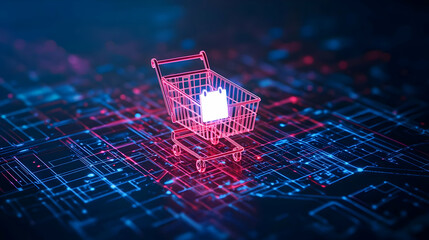 Poster - Glowing Shopping Cart On Circuit Board Depicting E-commerce In Digital Age With Advanced Technology On Dark Blue And Red Background