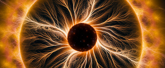 Aufkleber - Intricate fractal artwork depicting a dark central sphere encircled by glowing, branching filaments, suggesting energy or cosmic phenomena, ideal for science or fantasy designs