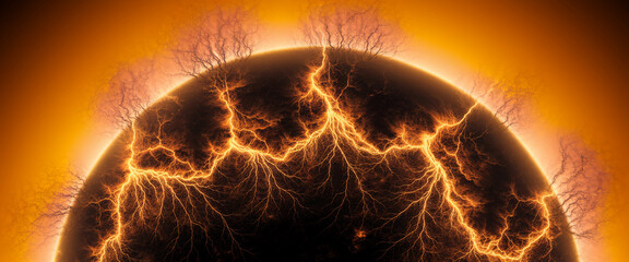 Aufkleber - Orange sphere with glowing, branching lightning patterns, set against a dark orange background.  Represents energy, power, or cosmic phenomena.  Ideal for science fiction or abstract designs.