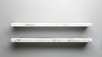 Poster - Two White Marble Shelves Mounted Against A Neutral Gray Wall Minimalist Design Displaying Texture