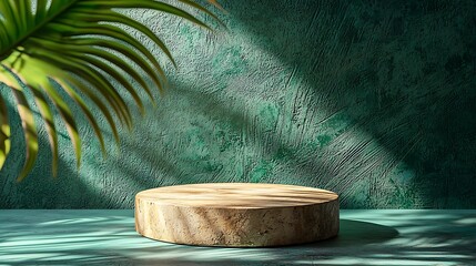 Poster - Natural Wooden Display Platform with Teal Background