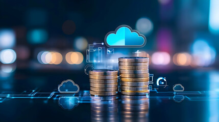 Poster - Stacks Of Gold Coins Illuminated By Glowing Cloud Symbol With Blue Digital Circuitry Background