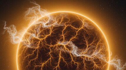 Poster - Golden sphere with bright energy lines, resembling a celestial body or plasma, creating a powerful and dynamic image, suitable for science fiction or energy themes