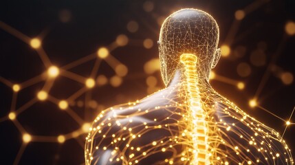 Poster - 3D Illustration of a Human Figure with Glowing Spine and Neural Connections in a Futuristic Style