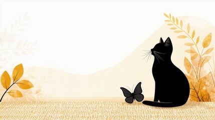 Poster - Black Cat Sitting on a Picnic Blanket in Nature Surrounded by Leaves and a Butterfly