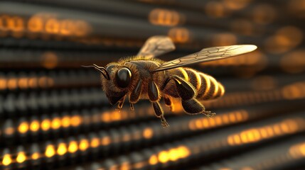 Poster - Futuristic Bee with Jetpack Soaring Through Digital Landscape of Bright and Metallic Background