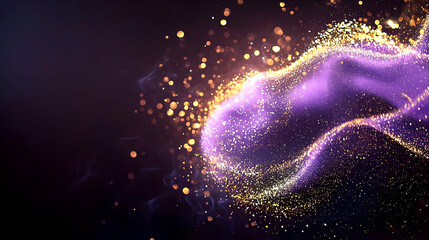 Poster - Abstract Purple And Gold Glitter Particle Wave On Dark Background With Energy And Motion Lighting