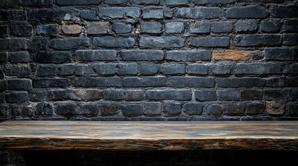 Poster - An empty brown wooden table rests against an expressive dark brick wall, creating an ambiance that sparks creativity. Ideal for gatherings or artistic endeavors, it invites ideas