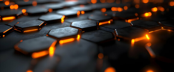 Poster - Abstract Geometric Pattern Dark Hexagons With Orange Glowing Light
