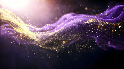 Poster - Abstract Golden Particles Flowing Through Purple Smoke on a Black Background With a Bright Light