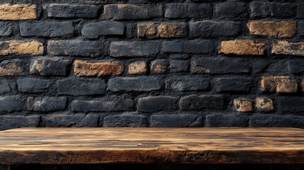 Poster - Against a striking dark brick wall, a beautifully polished brown wooden table stands empty, inviting creativity and inspiration. Perfect for thoughtful gatherings or artistic projects