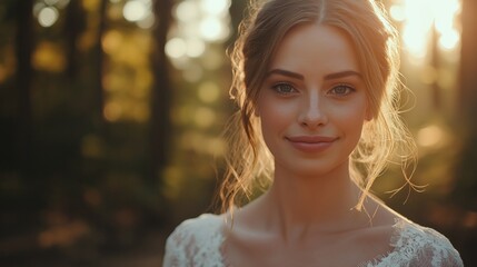Fototapete - A bride stands gracefully in a tranquil forest as golden sunlight filters through the trees, illuminating her serene smile and delicate features. The atmosphere is enchanting and romantic