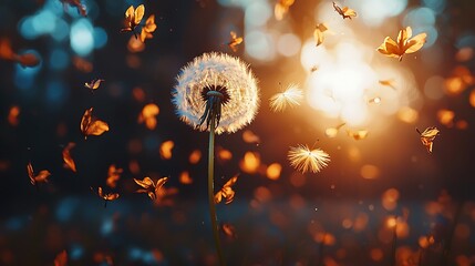 Poster - Orange Dandelion Seeds Sunset Nature Photography