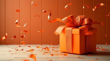 Poster - Orange Gift Box with Confetti Festive Celebration
