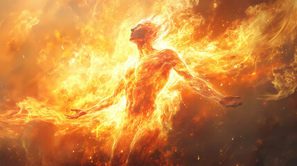 Wall Mural - A mystical figure of a humanoid emerging from vibrant flames, embodying energy and transformation in a stunning display of fiery brilliance. Fiery Brilliance. Illustration