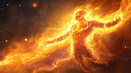 Wall Mural - A mystical figure of a humanoid emerging from vibrant flames, embodying energy and transformation in a stunning display of fiery brilliance. Fiery Brilliance. Illustration
