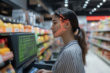 Aufkleber - Smart cashier enhances supermarket checkout with advanced AI technology in modern retail environment