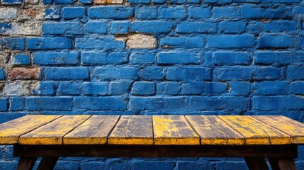 Poster - A rustic brown wooden table rests in front of a bold blue brick wall, serving as a canvas for creativity and endless possibilities in an inviting environment perfect for gatherings