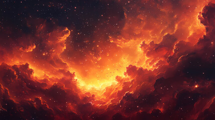 Wall Mural - Celestial inferno a fiery spectacle of cosmic clouds igniting the night sky with an incandescent glow, a vibrant display of interstellar brilliance. Fiery Brilliance. Illustration