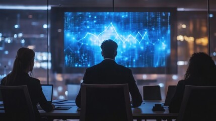 Poster - Business Team Analyzing Data on a Large Screen at Night