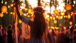 © Sergio Lucci - A woman in a flower crown raising ribbons at a lantern-lit festival in the woods