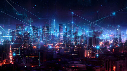 Poster - Aerial View Of Modern City Skyline With Illuminated Buildings And Digital Network Connections At Night