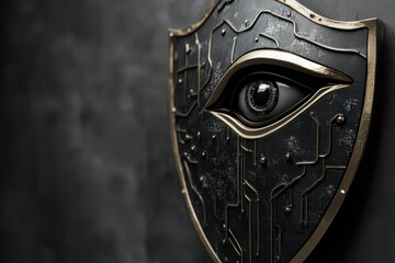 Leinwandbilder - Innovative shield design featuring cybernetic patterns and a robotic eye for modern cybersecurity concepts in a futuristic context