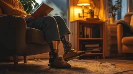 Poster - Cozy home atmosphere with a person engaging in daily activities while using a prosthetic leg in warm lighting