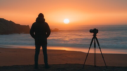 Poster - Photographer Silhouetted at Sunset Beach