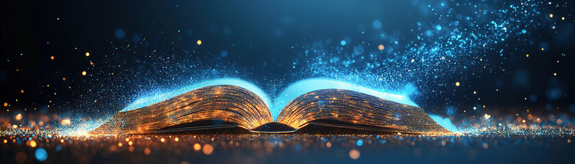 Poster - Captivating book unveiling secrets digital realm fantasy content sparkling atmosphere wide view knowledge exploration