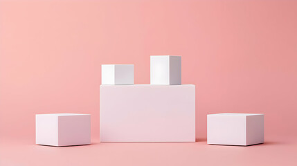 Poster - Minimalist White Geometric Block Composition on Pastel Pink Background for Product Display with Soft Lighting