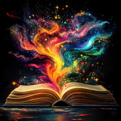 Poster - Creative explosion of imagination from an open book fantasy realm digital art dark background abstract perspective