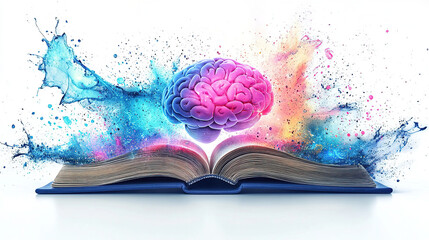Poster - Creative learning event exploring mind and knowledge through an open book digital art abstract environment eye-level view
