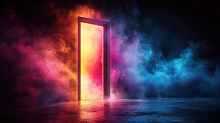 Poster - Mysterious opening door revealing colorful light dark room digital art mysterious atmosphere eye-level view surreal concept