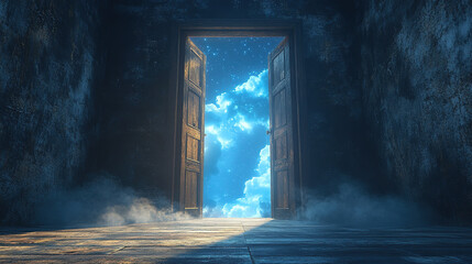 Poster - Opening door to the sky a surreal view of clouds and light in an enigmatic space